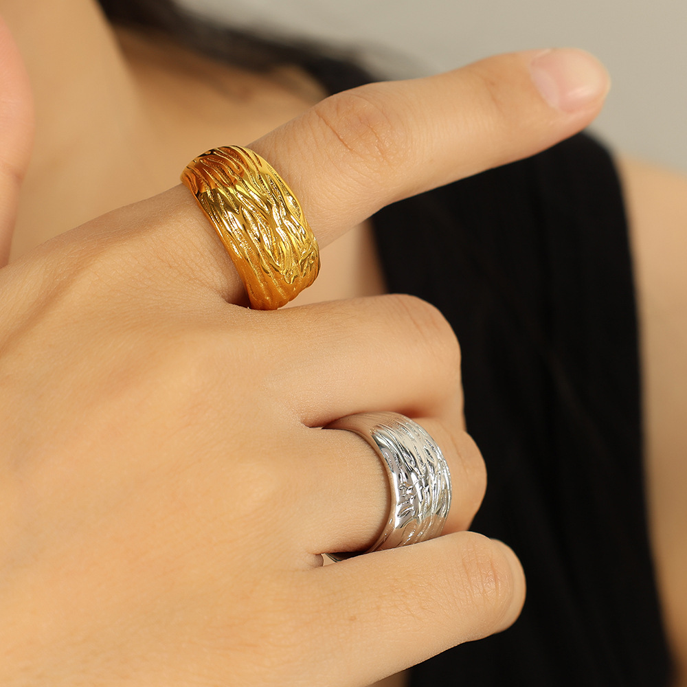 1 pair simple series retro strip titanium steel  gold color plated women's single rings h5Picture5