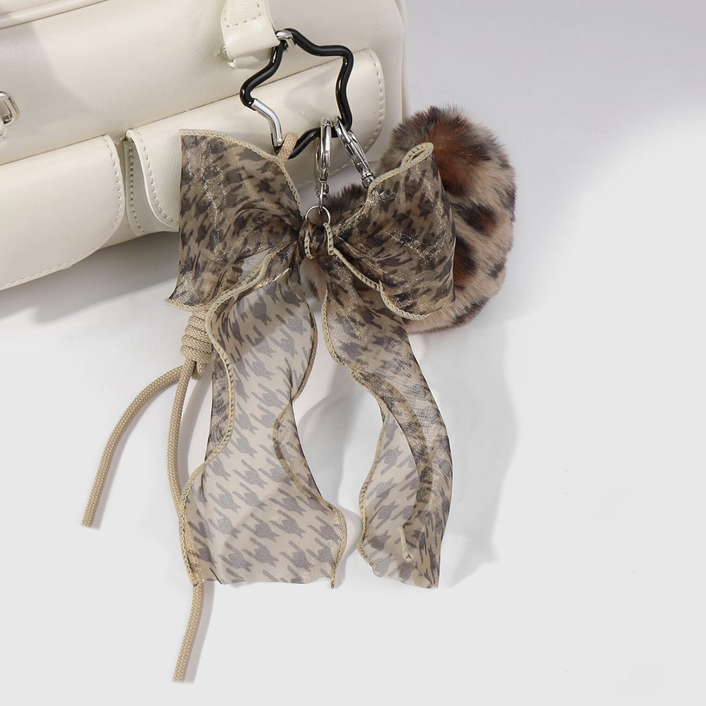 1 Piece Vintage Plaid Pattern Mesh Bow & Plush Heart Bag Charms Picture6