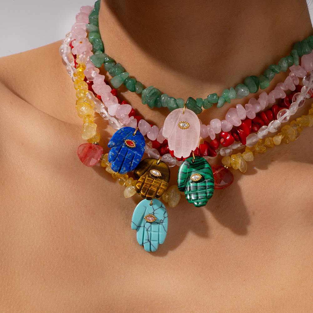 1 Piece Polychrome Series Bohemian Hand Shape Stainless Steel Gold Color Irregular Natural Stone Women's Beaded Necklaces h5Picture5