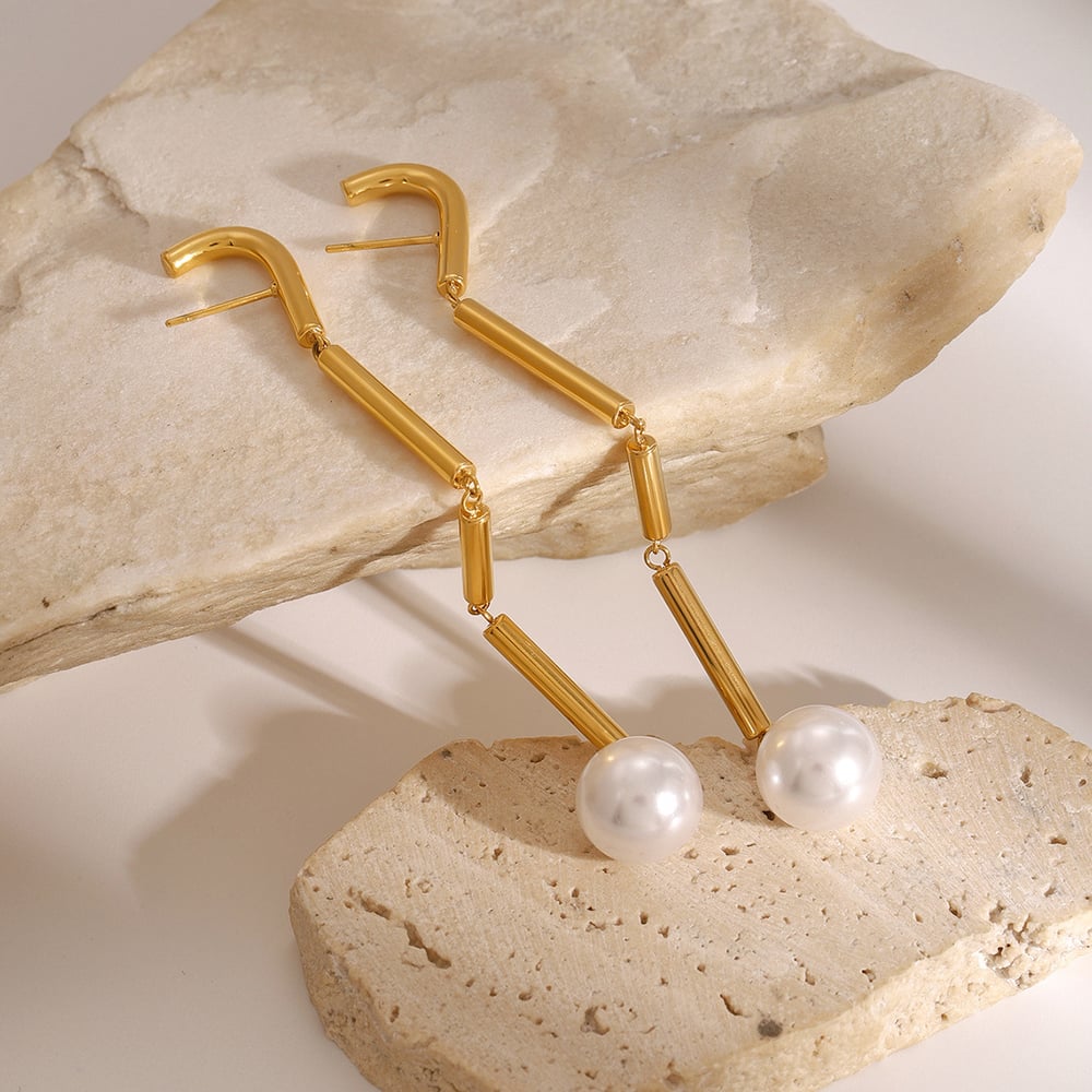 1 pair classic series  line stainless steel  gold plated artificial pearl women drop earrings h5Picture4