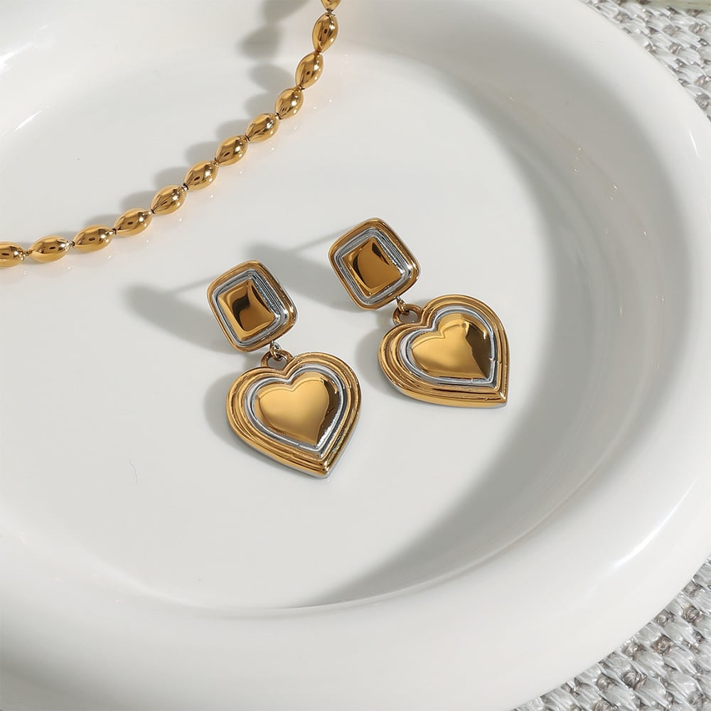 1 Pair Classic Series Heart Stainless Steel Gold And Silver Mixed Color Women's Pendant Earrings h5Picture4