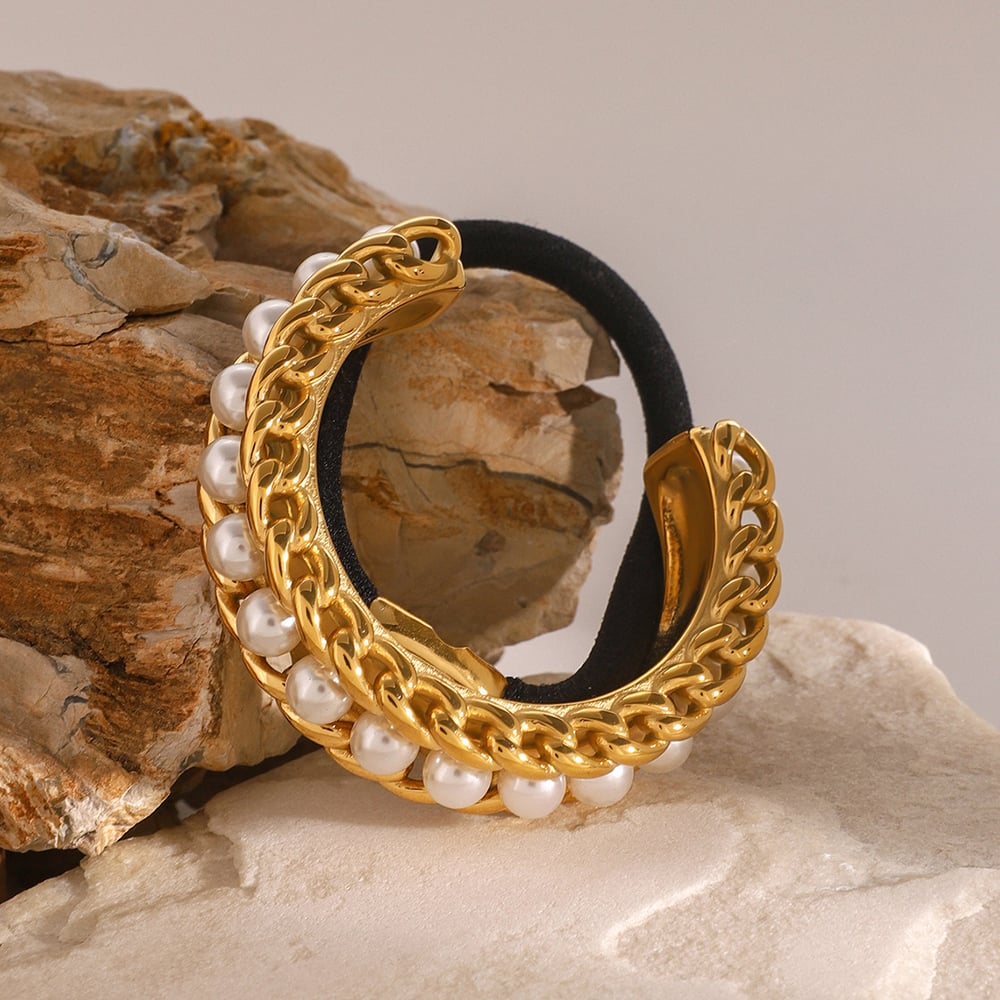 1 paio di elastici per capelli da donna in acciaio inossidabile geometrico elegante della serie classica placcati in oro con perle artificiali h5Immagine3