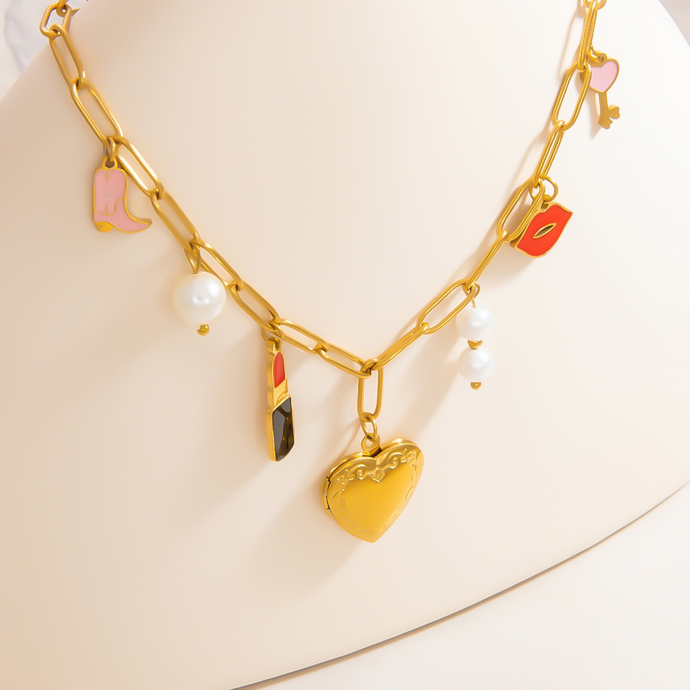 1 piece romantic series classic heart stainless steel  gold color plated artificial pearl women's pendant necklaces h5Picture6