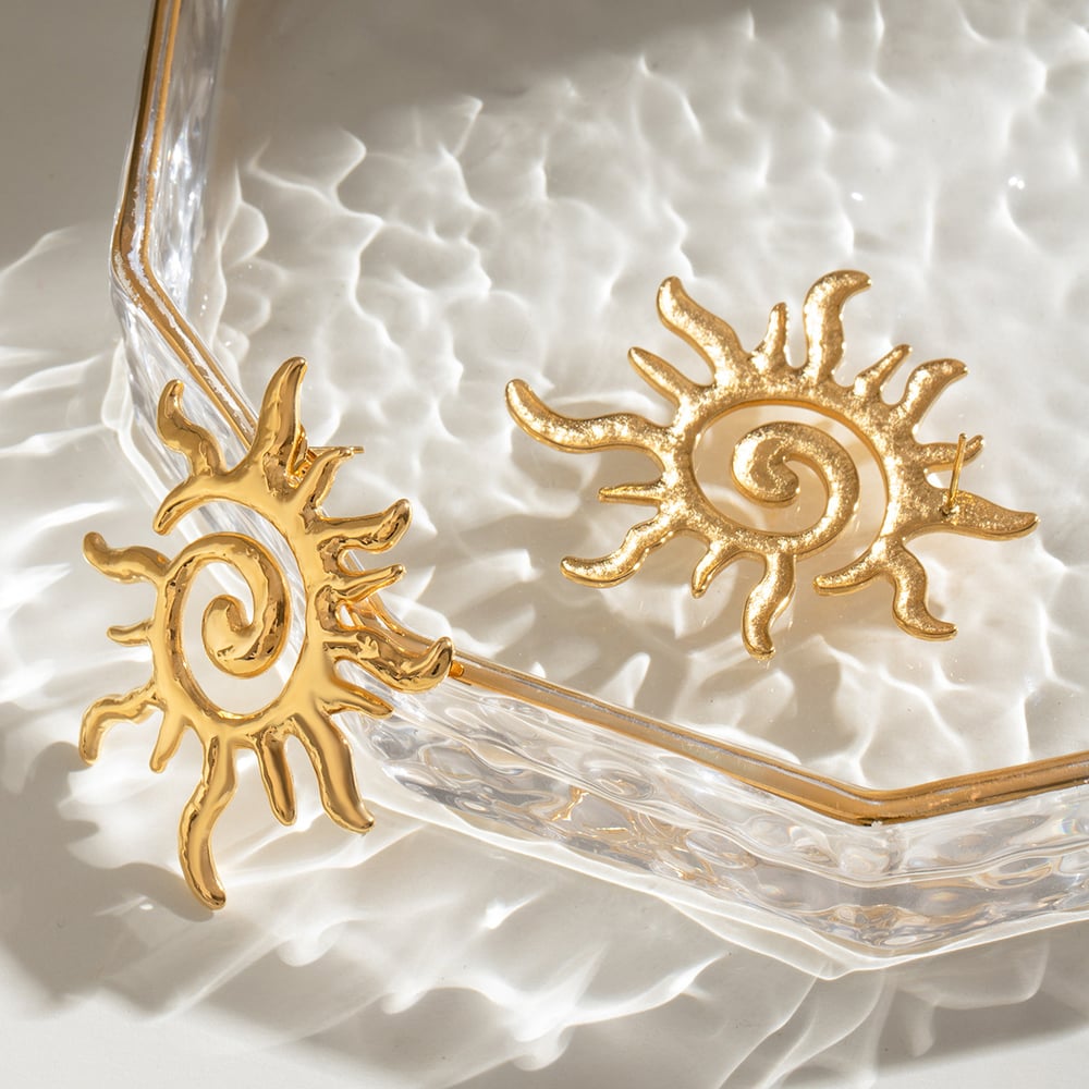 1 Pair Classic Sun Stainless Steel  Gold Color Stud Earrings h5Picture4