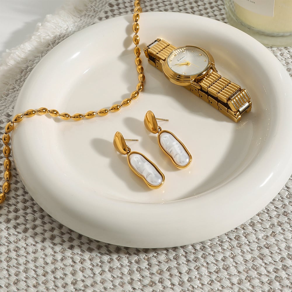 1 Pair Classic Series Irregular Oval Shape Stainless Steel Gold Color Women's Drop Earrings h5Picture6