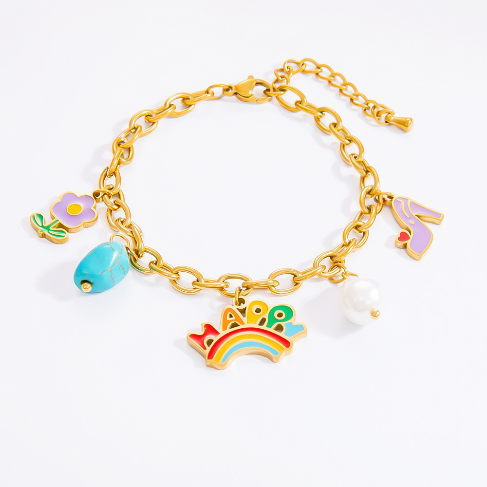 1 Piece Romantic Series Vivid Flower Oil- Glazing Chromatic Stainless Steel Gold Color Women's Charm Bracelets h5Picture3