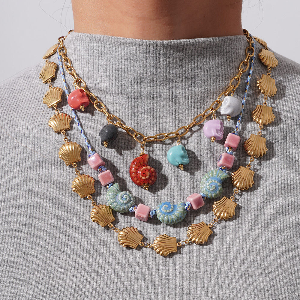 1 Piece Marine Series Vacation Colorful Ceramic Conch Stainless Steel Gold Color Shell Women's Pendant Necklaces h5Picture4