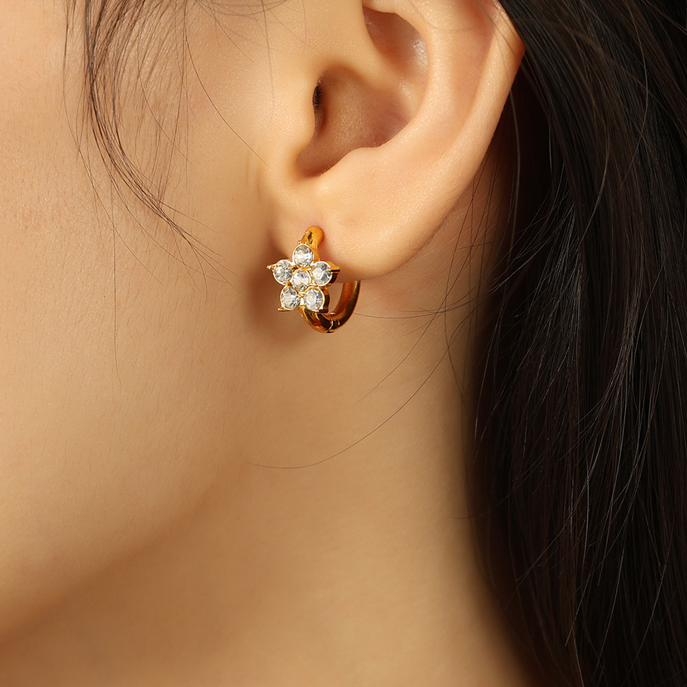 1 Pair Luxurious Series Shining Flower Shape Stainless Steel Gold Color Women's Hoop Earrings h5Picture6