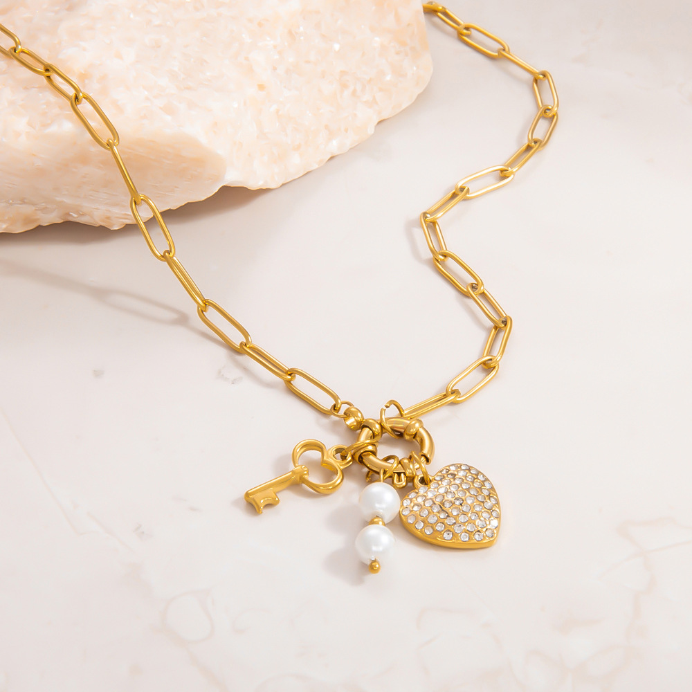 1 piece classic series daily heart stainless steel  gold color plated rhinestone women's pendant necklaces h5Picture4