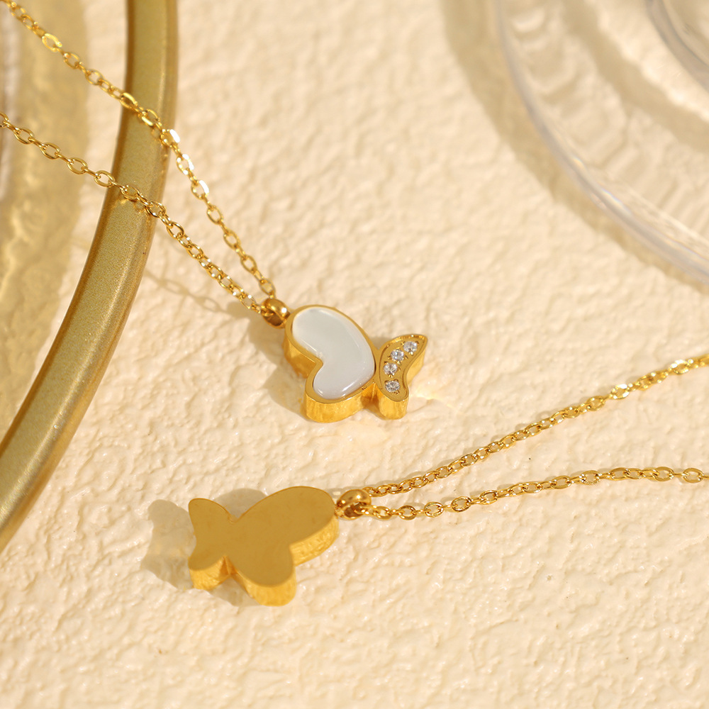 1 piece classic series natural butterfly titanium steel  gold color plated shell women's pendant necklaces h5Picture3