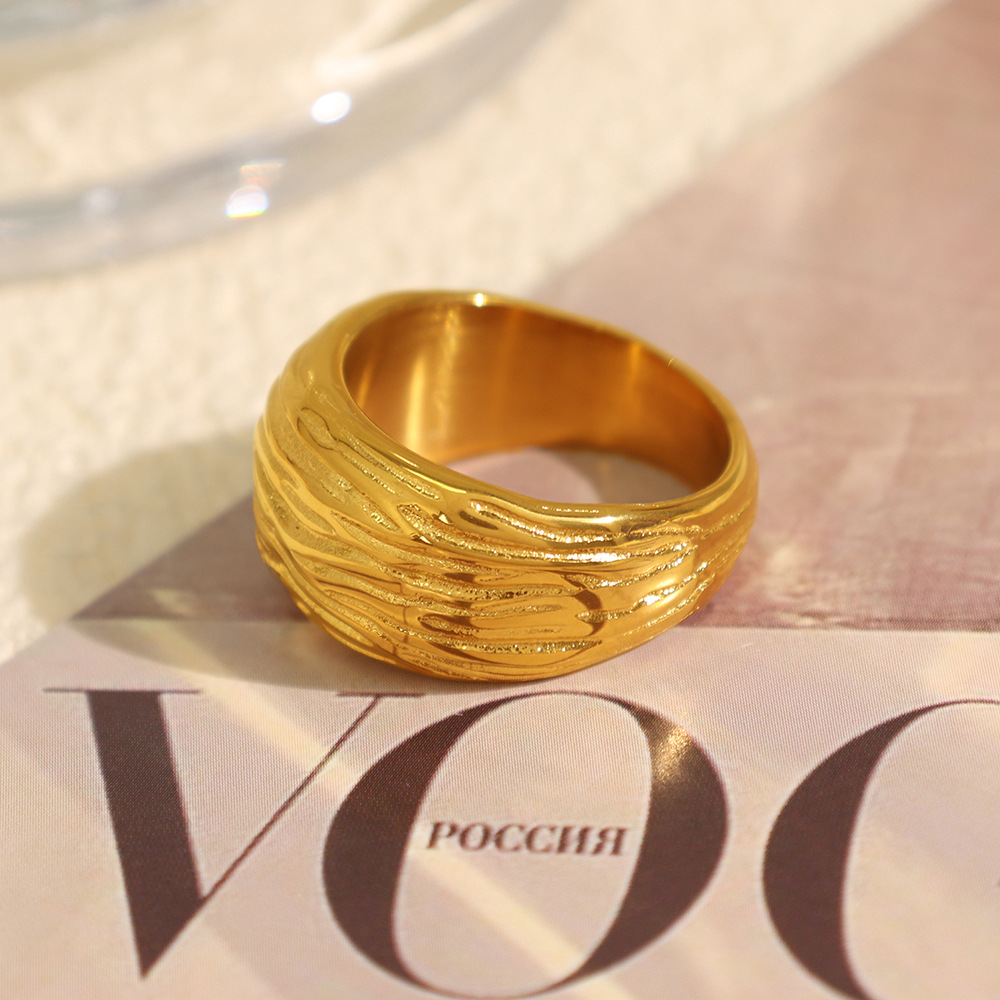 1 pair simple series retro strip titanium steel  gold color plated women's single rings h5Picture4