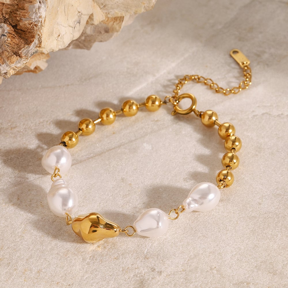 1 pezzo serie classica perline eleganti acciaio inossidabile placcato oro  perle artificiali donne braccialetti di perline h5Immagine3