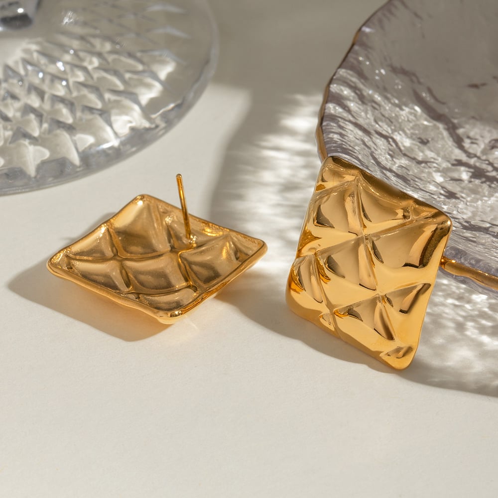 1 Pair Retro Plaid Square Shape Stainless Steel  Gold Color Stud Earrings h5Picture3