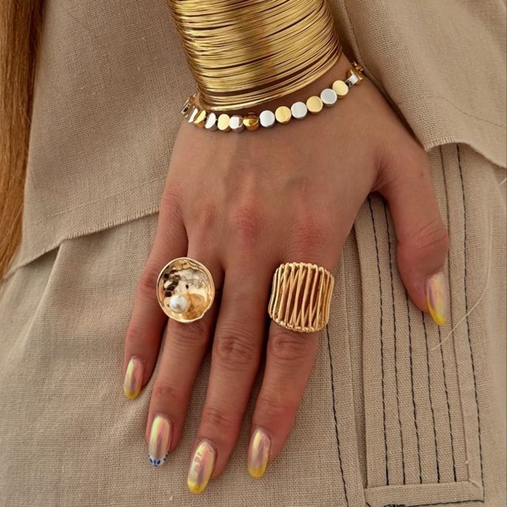 1 pair simple series casual geometric stainless steel  gold plated artificial pearl women adjustable rings h5Picture4