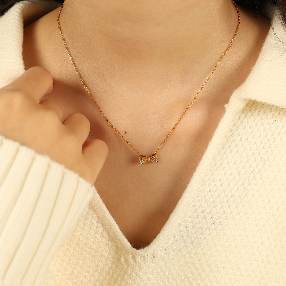1 piece simple series sweet bow knot stainless steel  gold plated rhinestone women pendant necklaces h5Picture5