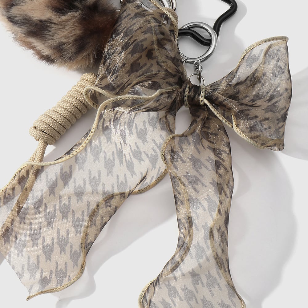 1 Piece Vintage Plaid Pattern Mesh Bow & Plush Heart Bag Charms Picture4