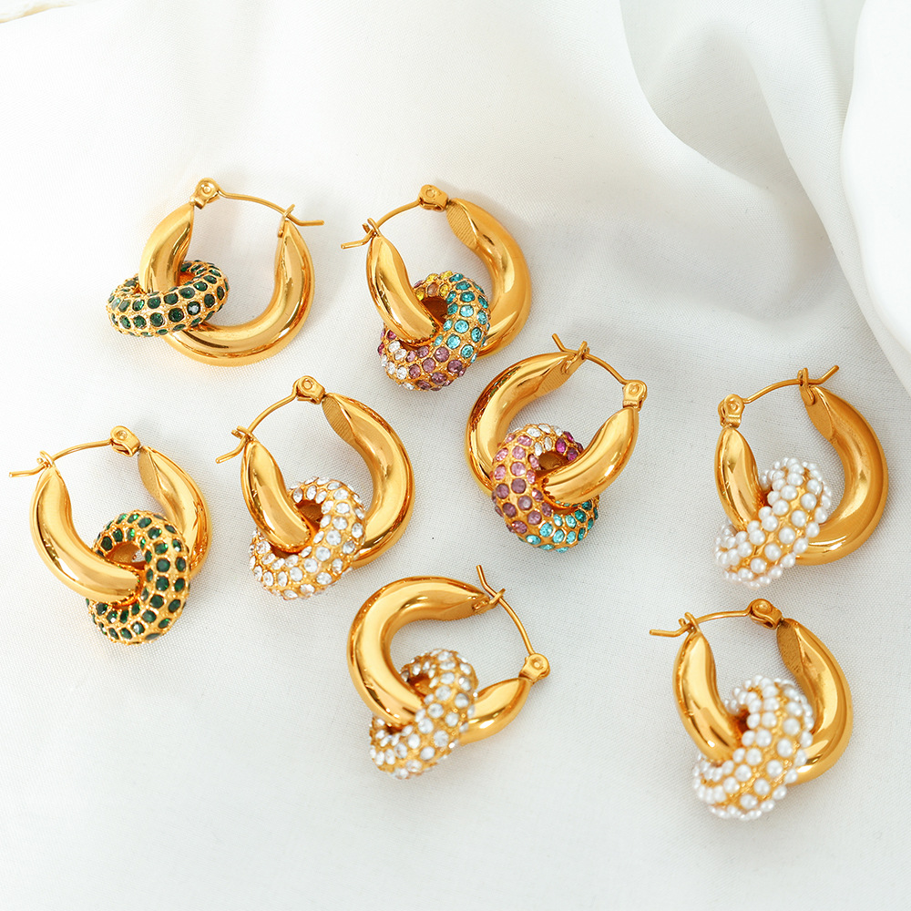 1 pair luxurious series retro geometric stainless steel  gold plated zircon women hoop earrings Picture3