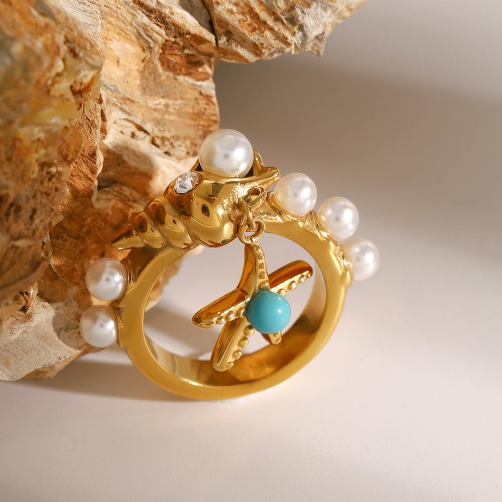 1 pair ethnic series retro turtle stainless steel  gold plated artificial pearl women single rings h5Picture4