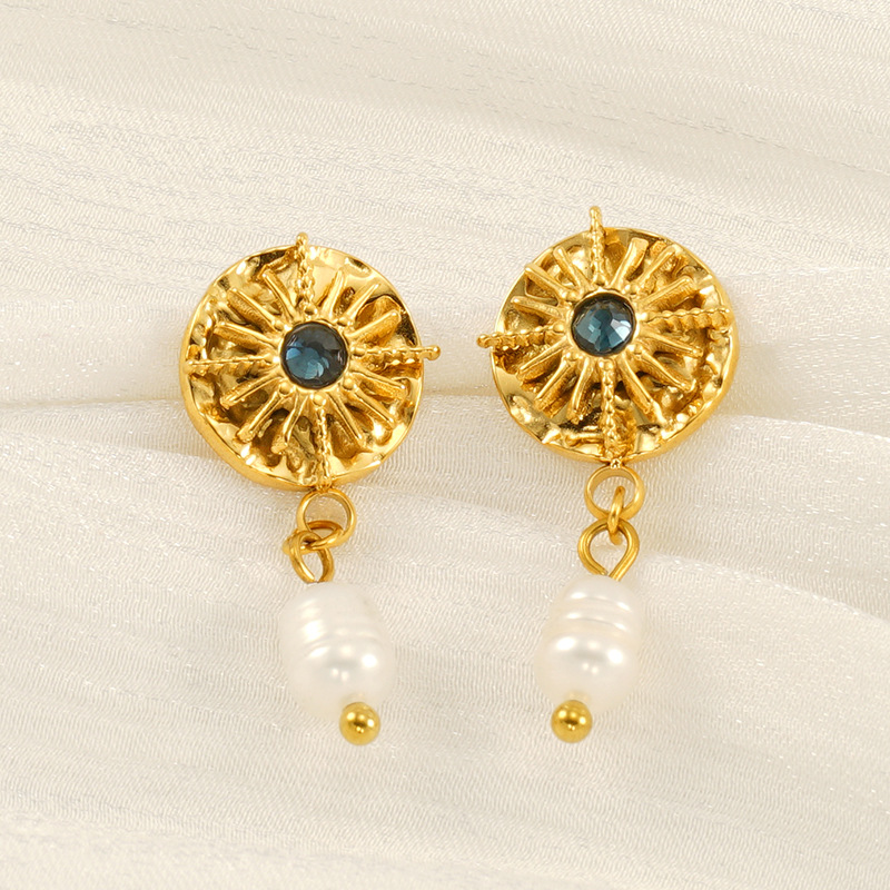 1 pair classic retro style astrological chart shape stainless steel  gold plated inlay pearl unisex drop earrings h5Picture6