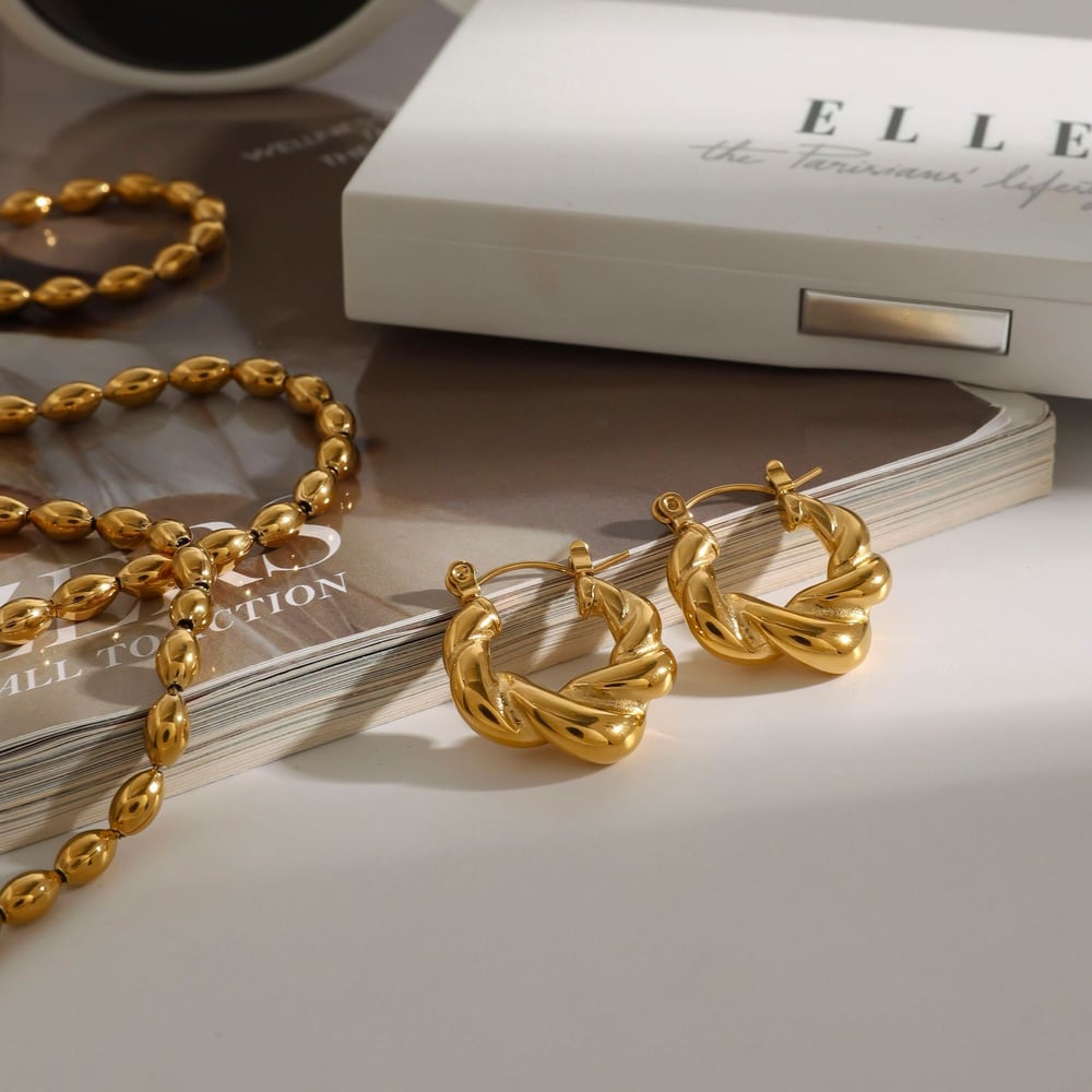 1 Pair Classic Series Daily Twist Annular Stainless Steel Gold Color Women's Hoop Earrings h5Picture5