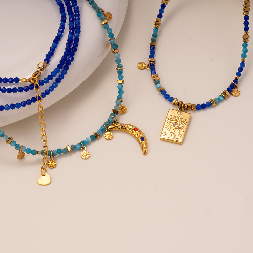 1 Piece Exquisite Series Retro Moon Shape Pendant Stainless Steel Gold Color Women's Beaded Necklaces Picture7