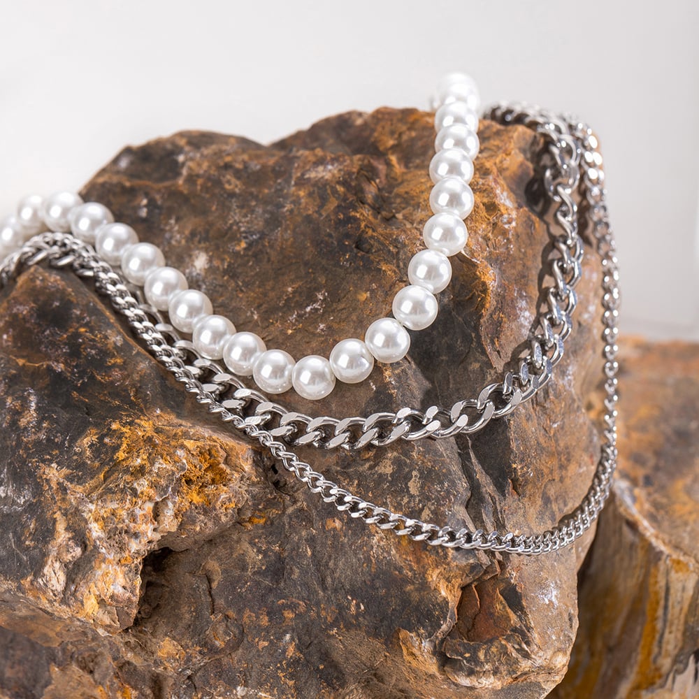 1 pezzo serie classica elegante perline in acciaio inossidabile perle artificiali collane a strati da donna Immagine3