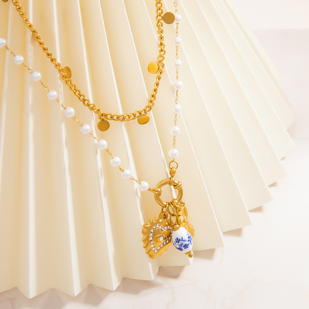 1 piece ethnic series elegant heart stainless steel  gold color plated artificial pearl women's pendant necklaces h5Picture5