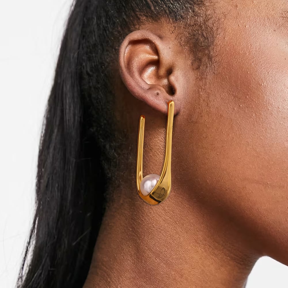 1 pair simple series casual letter stainless steel  gold plated artificial pearl women hoop earrings h5Picture4