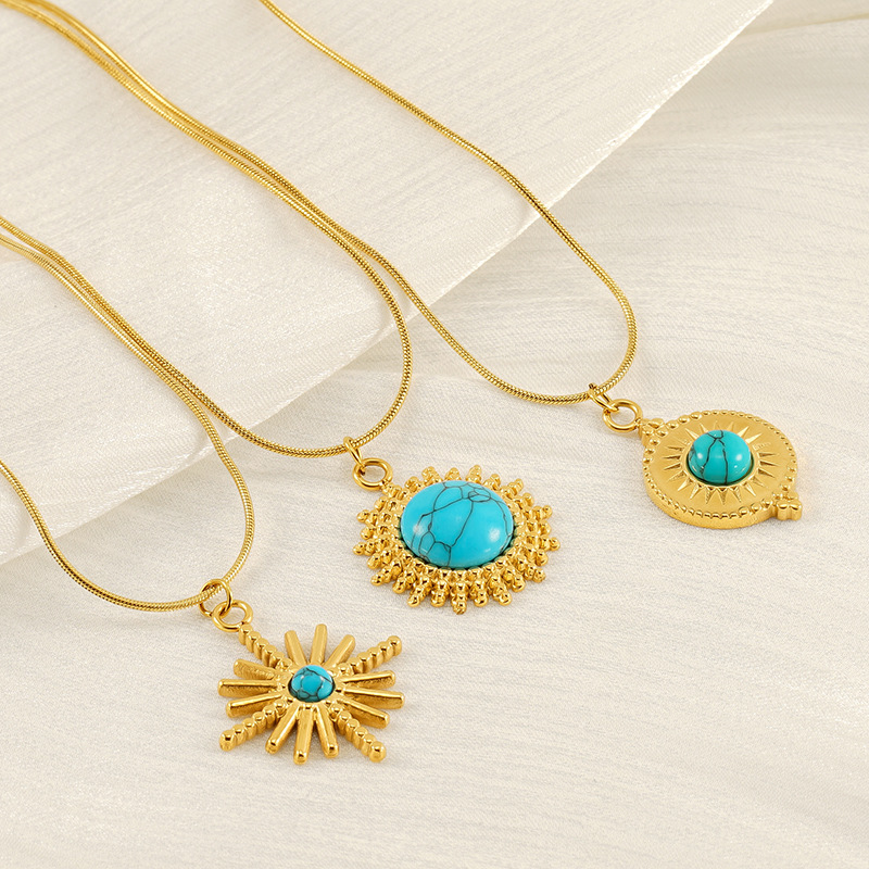 1 piece classic retro style geometric shape stainless steel  gold plated inlay turquoise women's pendant necklace h5Picture3