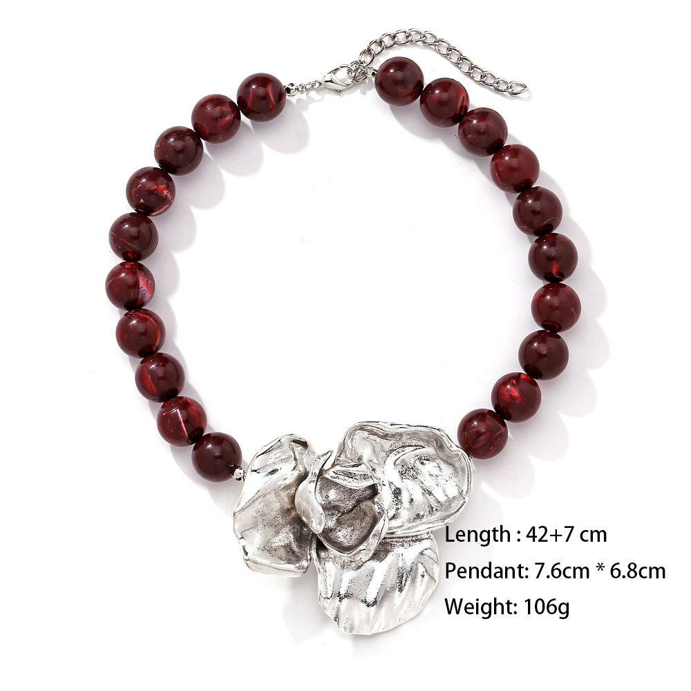 1 Piece Vintage Dimensional Exaggerated Silver Large Flower Women's Beaded Necklaces h5Picture6