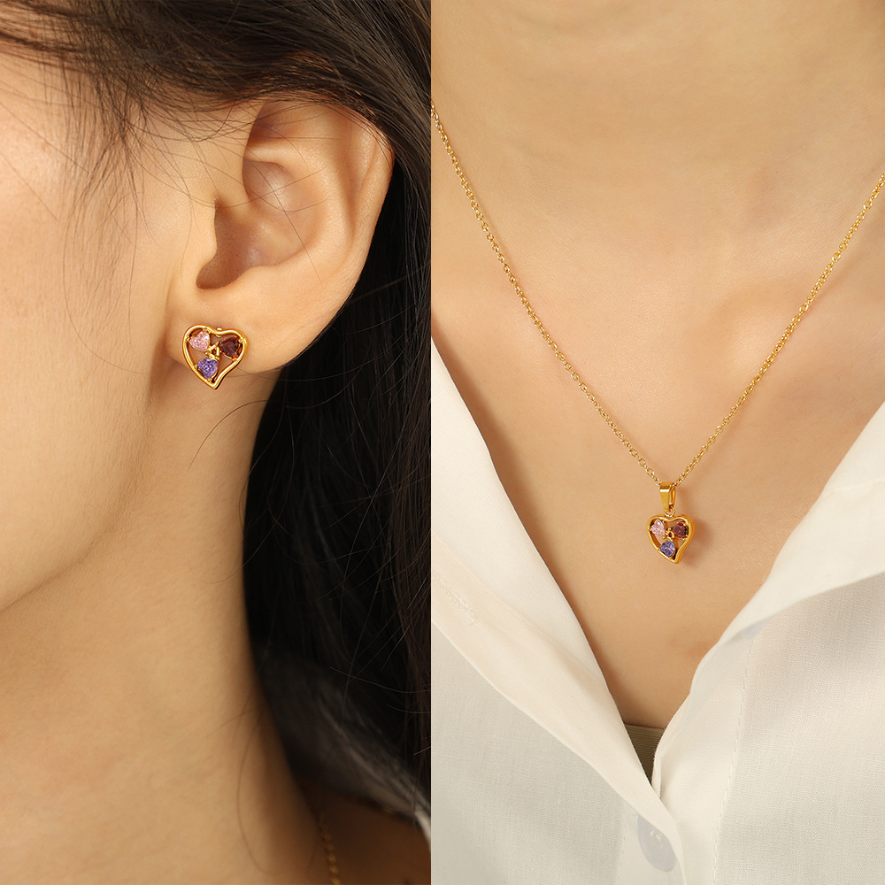 1 piece luxurious series trendy heart titanium steel  gold color plated rhinestone women's pendant necklaces h5Picture5