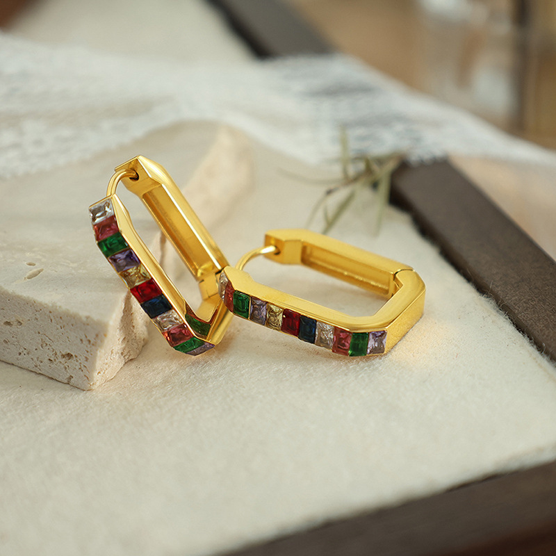 1 pair simple series classic geometric stainless steel  gold plated zircon women hoop earrings Picture7
