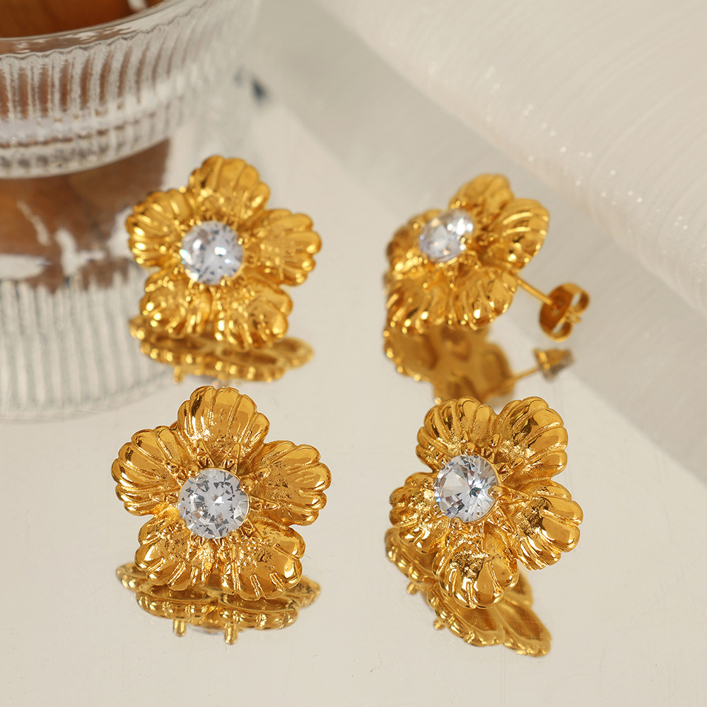 1 pair romantic series retro flower stainless steel  gold plated zircon women stud earrings Picture4