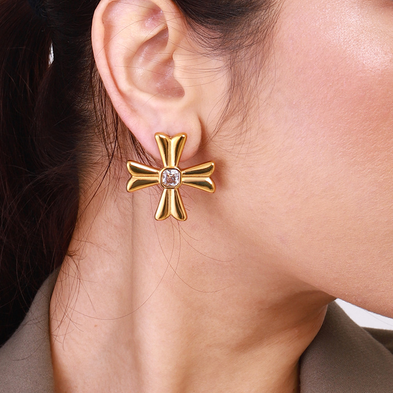 1 Pair Classic Series Exquisite Cross Shape Stainless Steel Gold Color Women's Stud Earrings Picture8