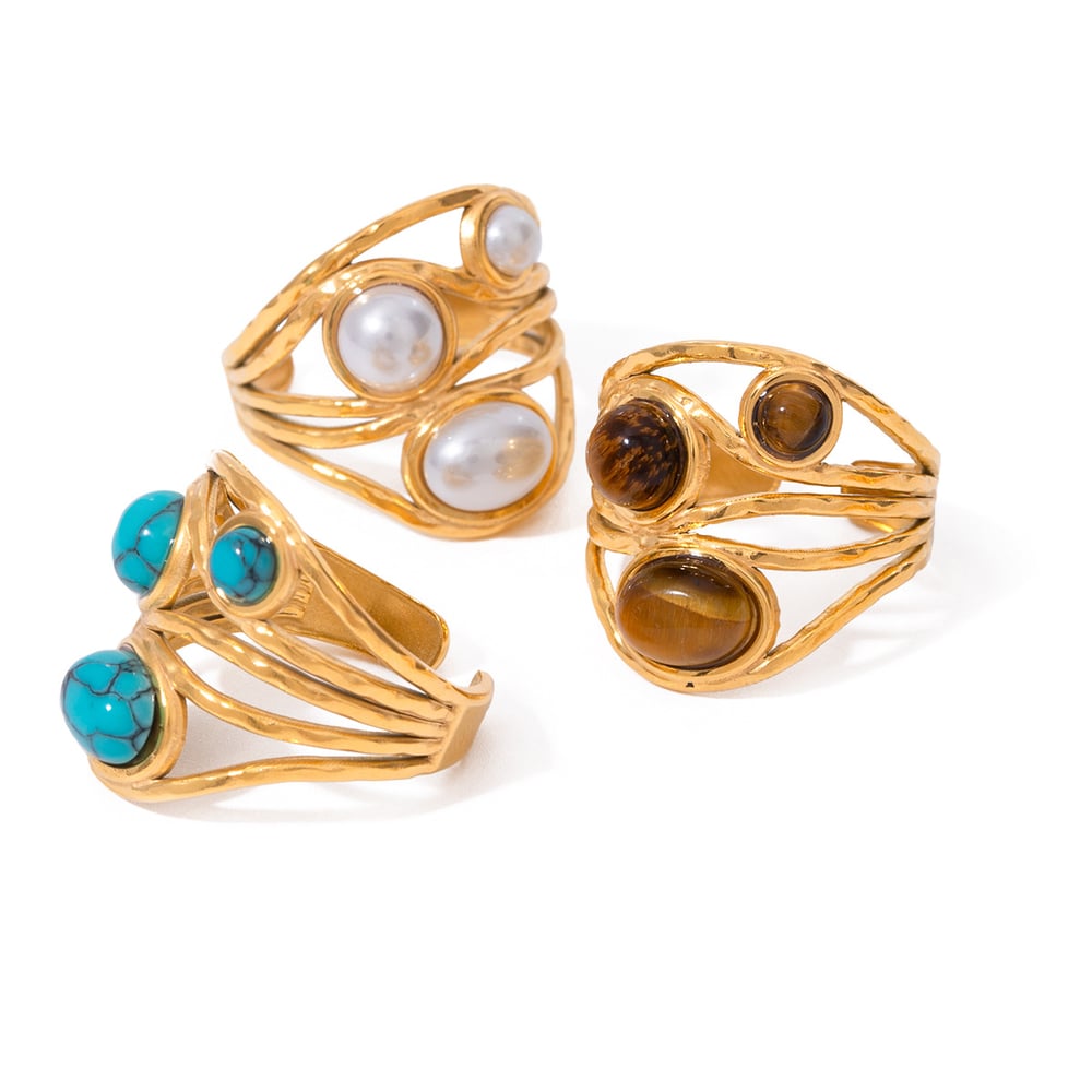 1 pair classic retro style geometric stainless steel  gold plated inlay artificial gemstone women's adjustable rings h5Picture5