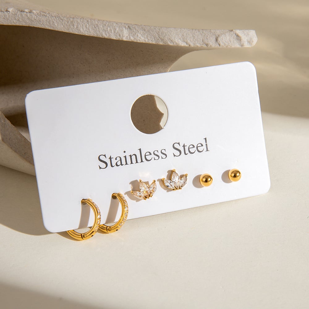 1 pair simple series sweet geometric stainless steel  gold plated zircon women earrings set Picture3