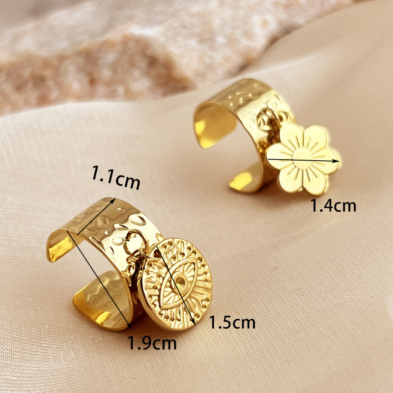 1 Piece Stylish Series Retro Eye Shape Wafer Dangle Stainless Steel Gold Color Women's Adjustable Rings h5Picture8