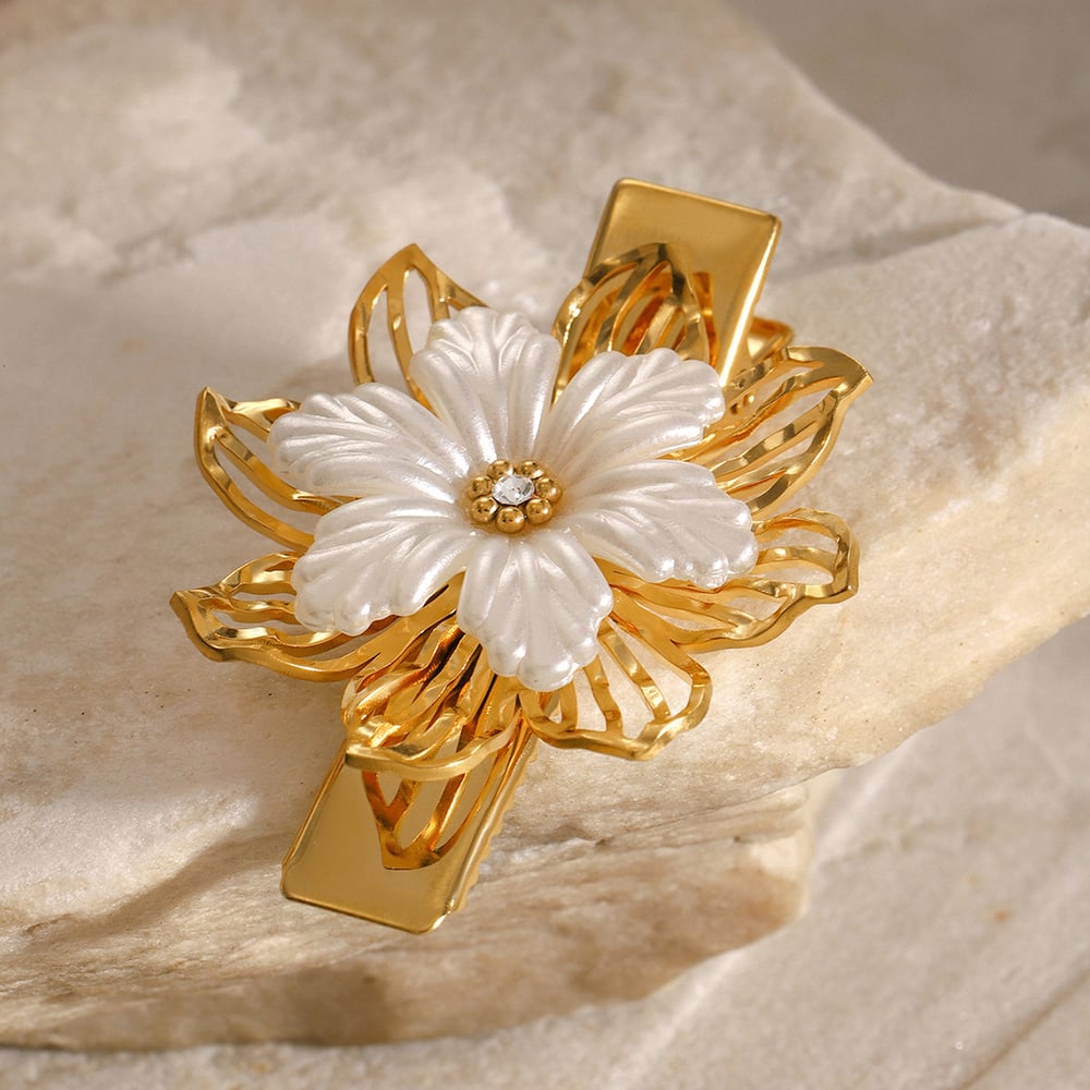 1 pair classic series retro flower stainless steel  gold plated rhinestone women hair clips Picture4