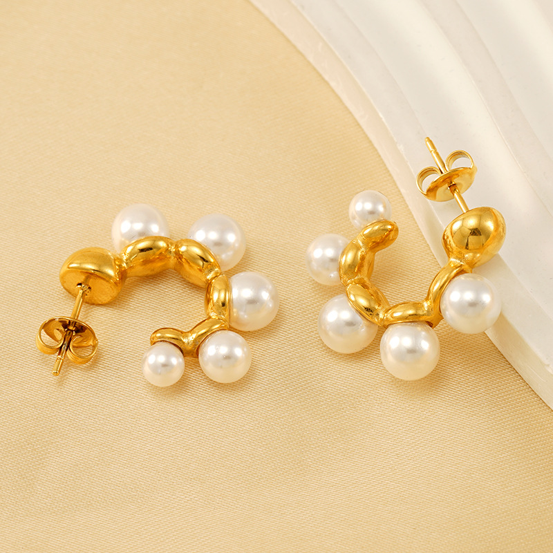 1 pair  high-end style geometric shape stainless steel  gold plated inlay artificial pearl women's drop earrings h5Picture3
