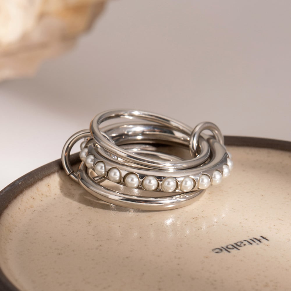 1 pair simple series daily geometric stainless steel  gold plated artificial pearl women single ring Picture4