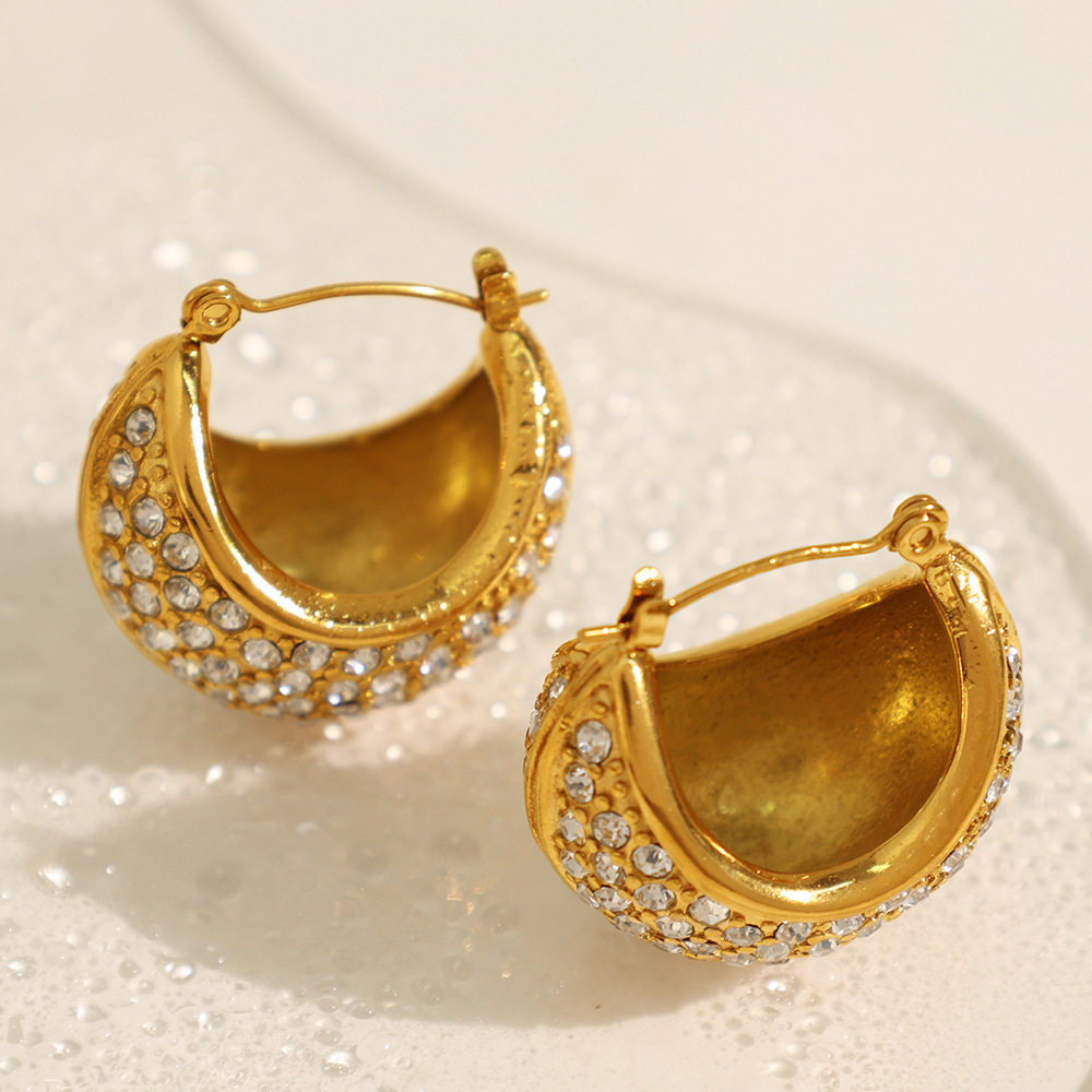 1 pair luxurious series classic geometric stainless steel  gold plated rhinestone women hoop earrings h5Picture4