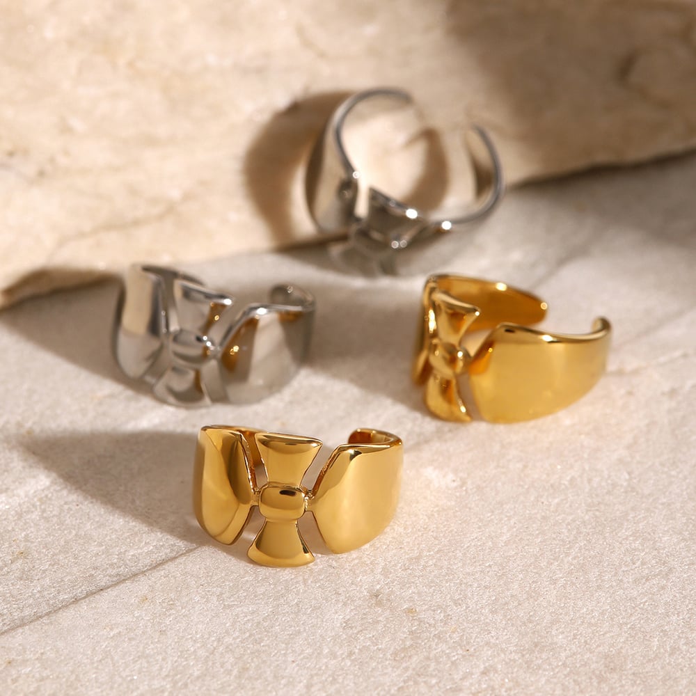 1 pair simple series casual bow knot stainless steel  gold plated women adjustable rings h5Picture4