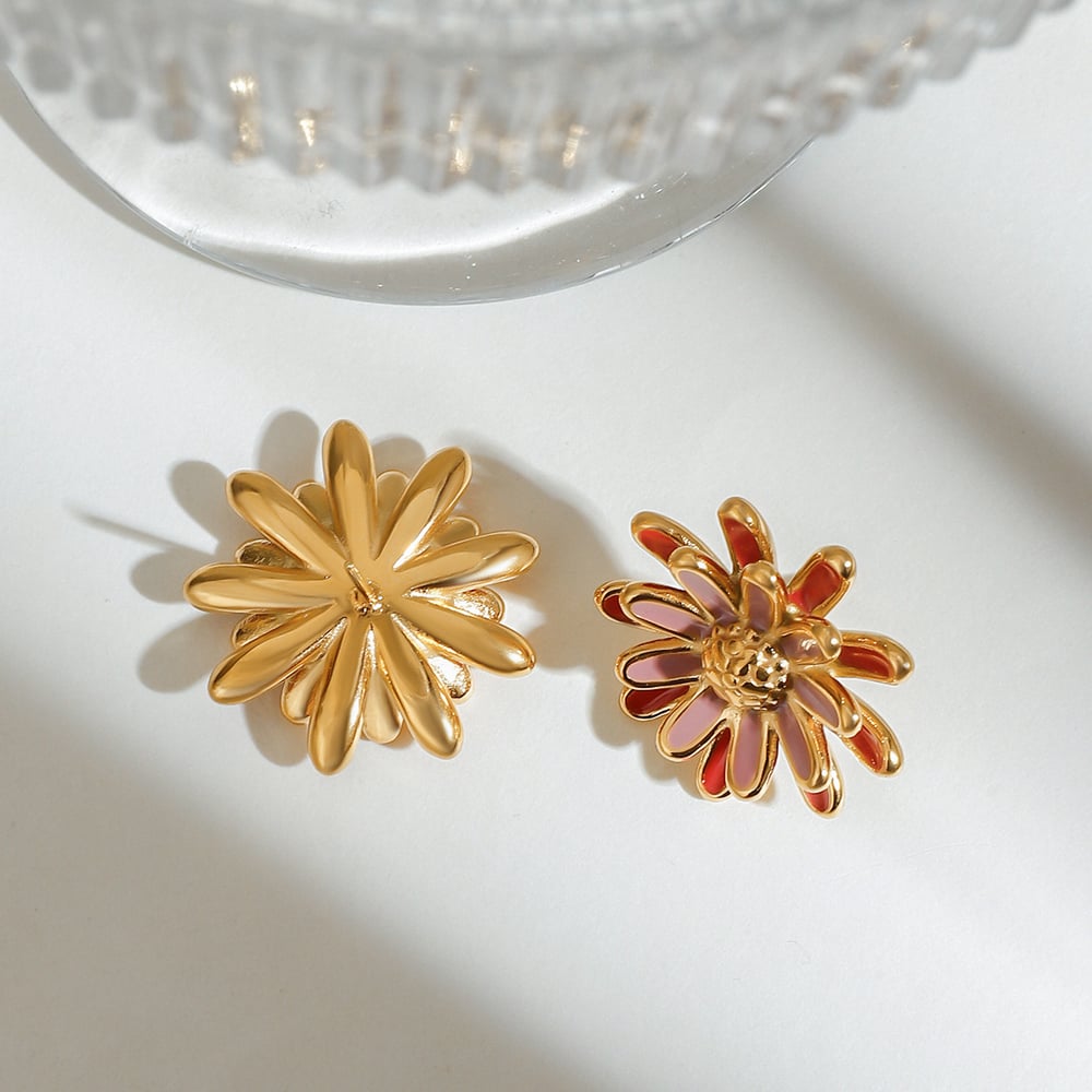 1 Pair Luxurious Series Chic Daisy Oil Drip Technique Stainless Steel Gold Color Women's Stud Earrings h5Picture9