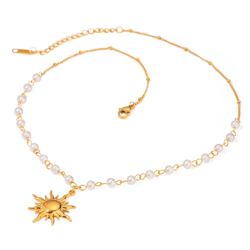 1 piece simple retro style sun/moon shape stainless steel  gold inlay artificial pearl women's pendant necklaces Picture5