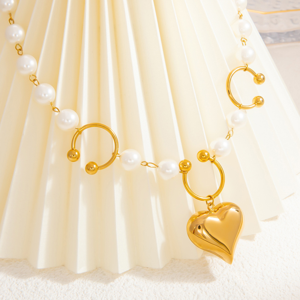 1 piece luxurious series sweet heart stainless steel  gold color plated artificial pearl women's pendant necklaces h5Picture3