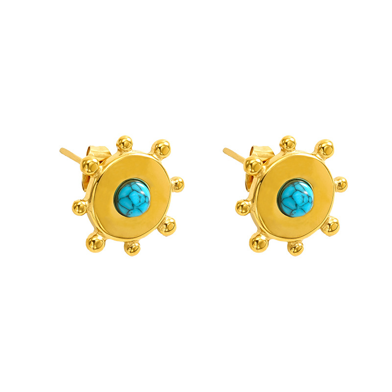 1 pair simple retro style geometric shape stainless steel  gold plated inlay turquoise women's stud earrings h5Picture7