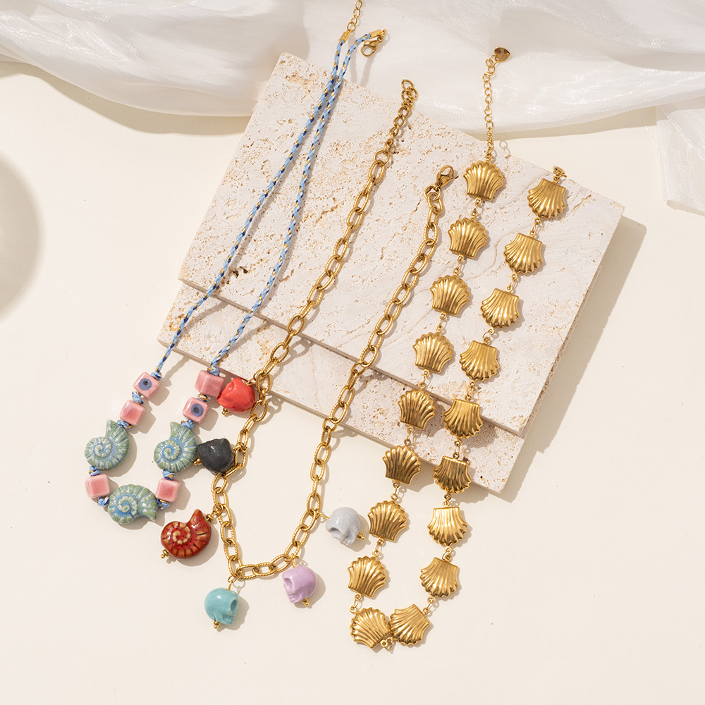1 Piece Marine Series Vacation Colorful Ceramic Conch Stainless Steel Gold Color Shell Women's Pendant Necklaces h5Picture7