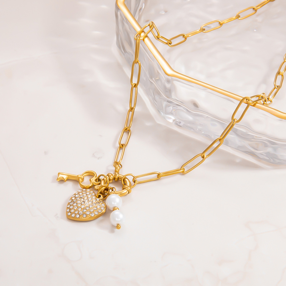 1 piece classic series daily heart stainless steel  gold color plated rhinestone women's pendant necklaces h5Picture5