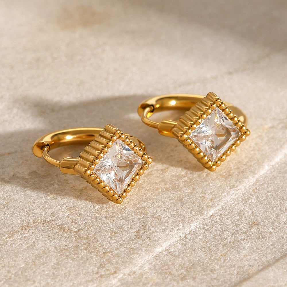 1 par de pendientes de aro con piedras preciosas artificiales, chapados en oro de 18 quilates, de acero inoxidable, estilo retro geométrico, para mujer. h5Imagen4