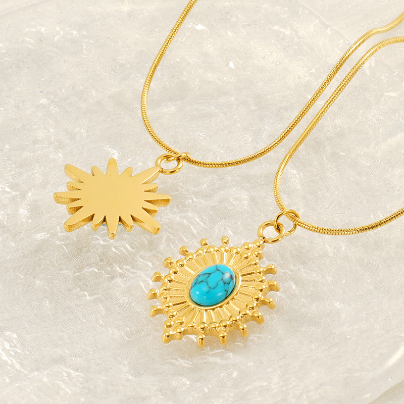 1 piece classic retro style geometric shape stainless steel  gold plated inlay turquoise women's pendant necklace h5Picture5